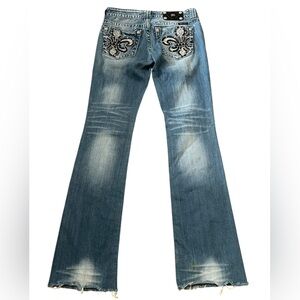 Miss Me distressed lowrise bootcut fleur de lis jeans embroidered pockets
